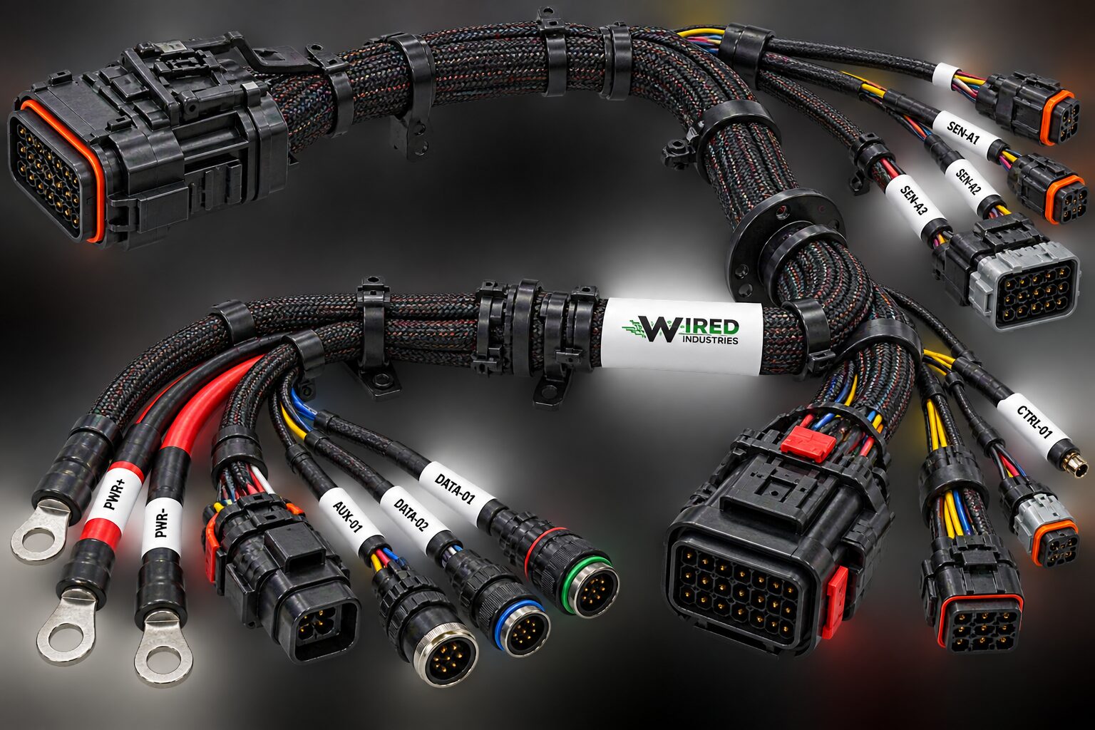 An illustration of a machine wiring harness: a braided trunk carrying labelled branches out to sealed connectors, ring terminals and a set of sensor leads.