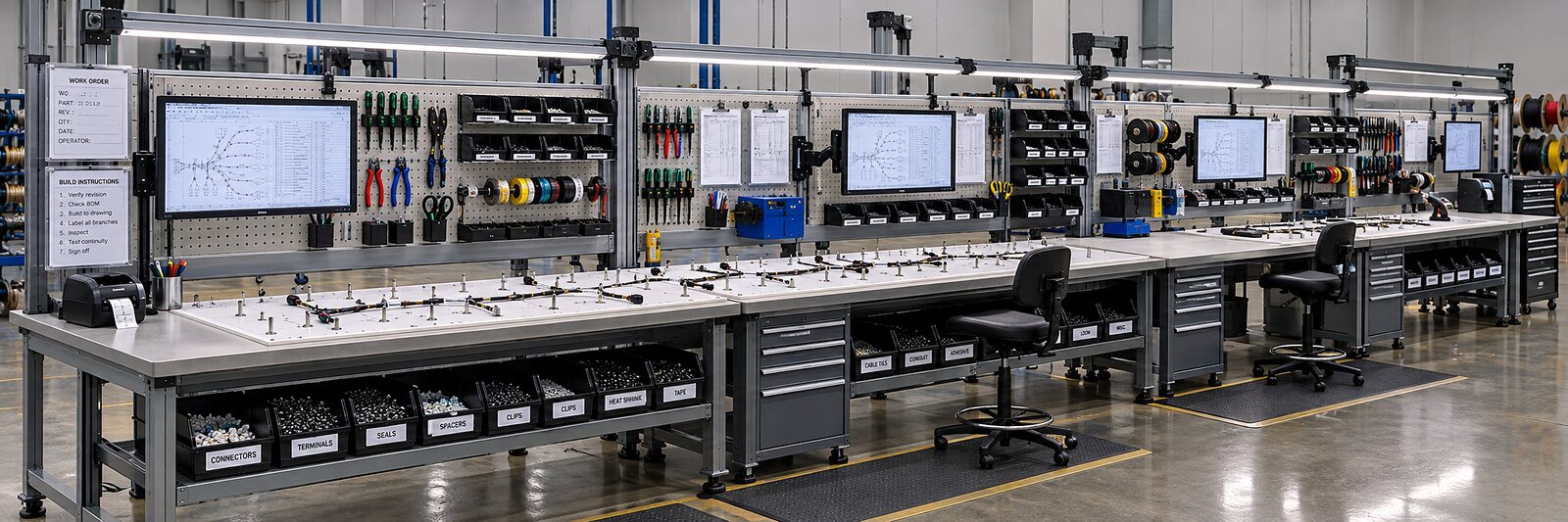 A wiring-harness assembly line at Wired Industries' own shop: formboards with harness branches pinned out at a row of benches, tool walls and wire-spool racks behind them.