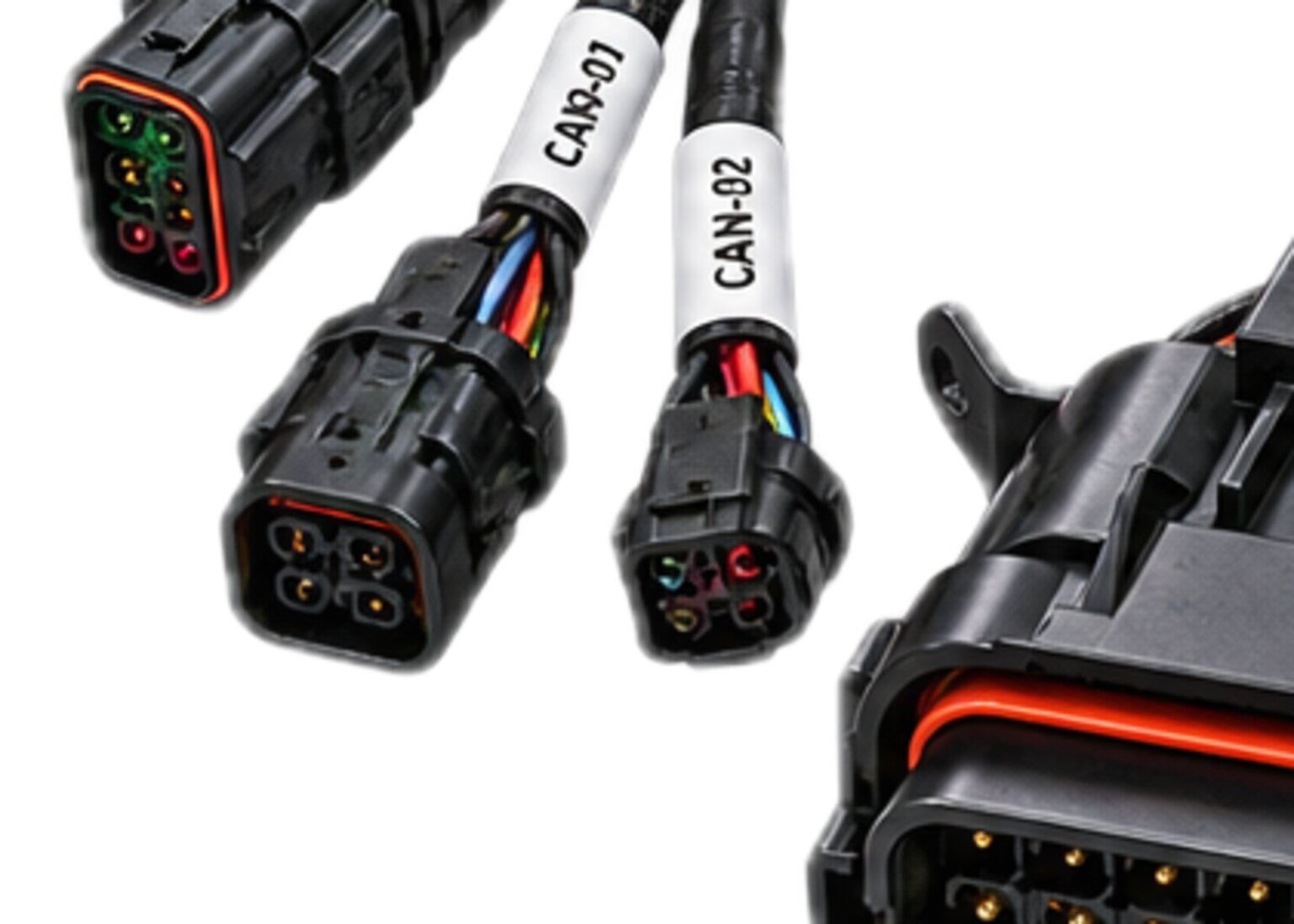 Two labelled bus leads ending in small sealed connectors, from an illustration.
