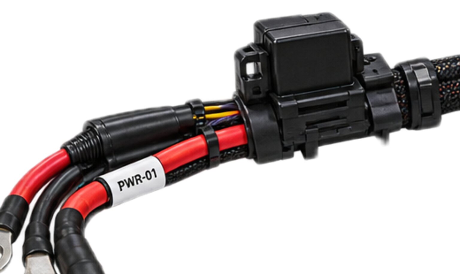 A power lead entering a sealed fuse holder on a braided trunk, from an illustration.