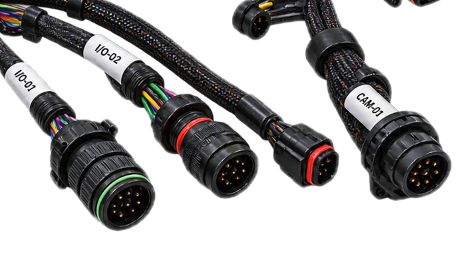 Labelled input, output and camera leads ending in circular sealed connectors, from an illustration.