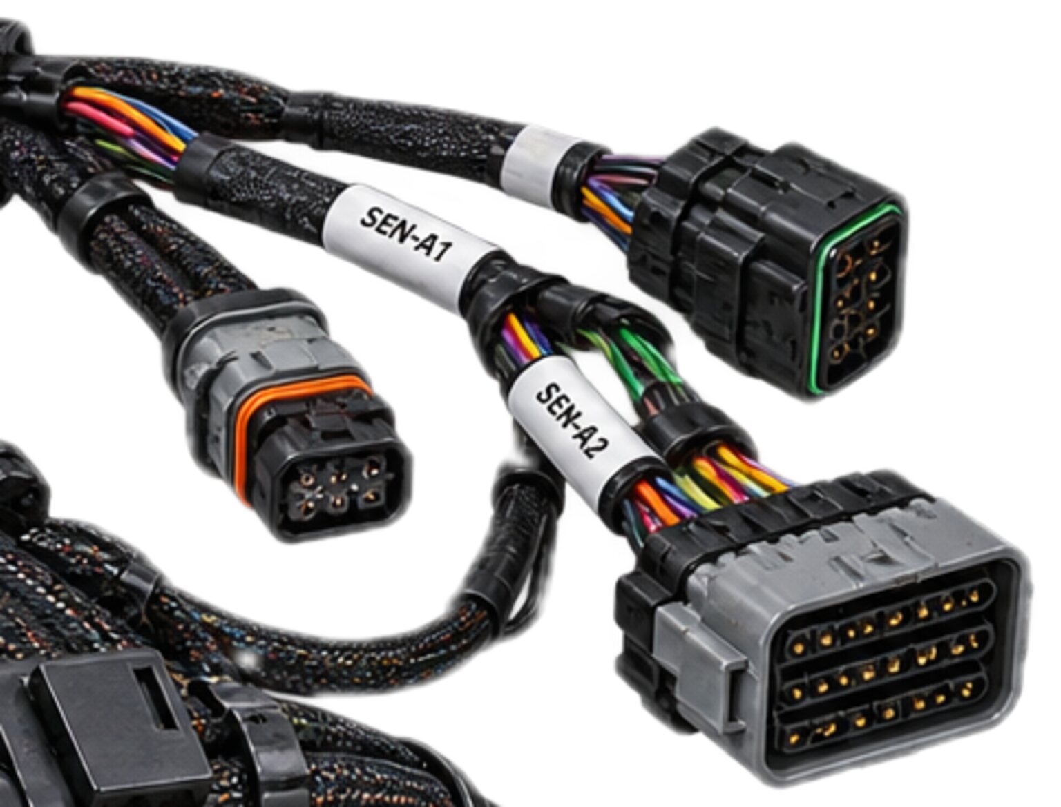 Sensor branches with small sealed connectors and a grey multi-pin connector, from an illustration.