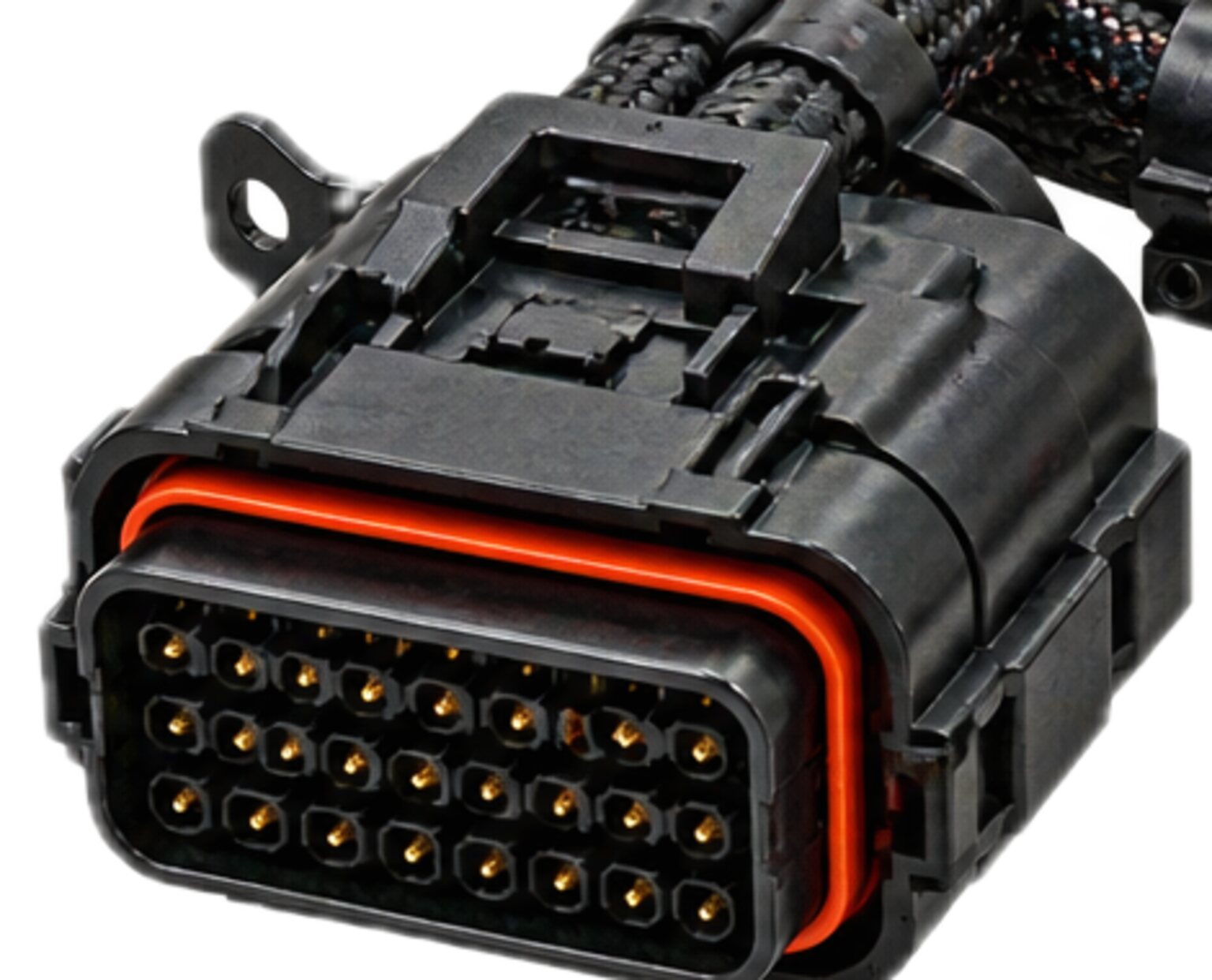 A sealed multi-pin connector at the machine end of a loom, from an illustration.