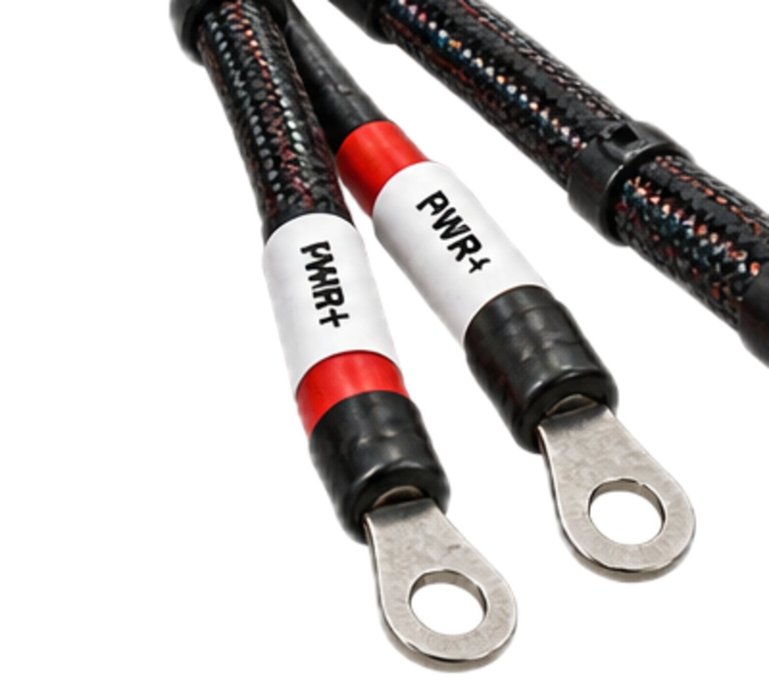 Two power leads on ring terminals, marked positive and negative, from an illustration.
