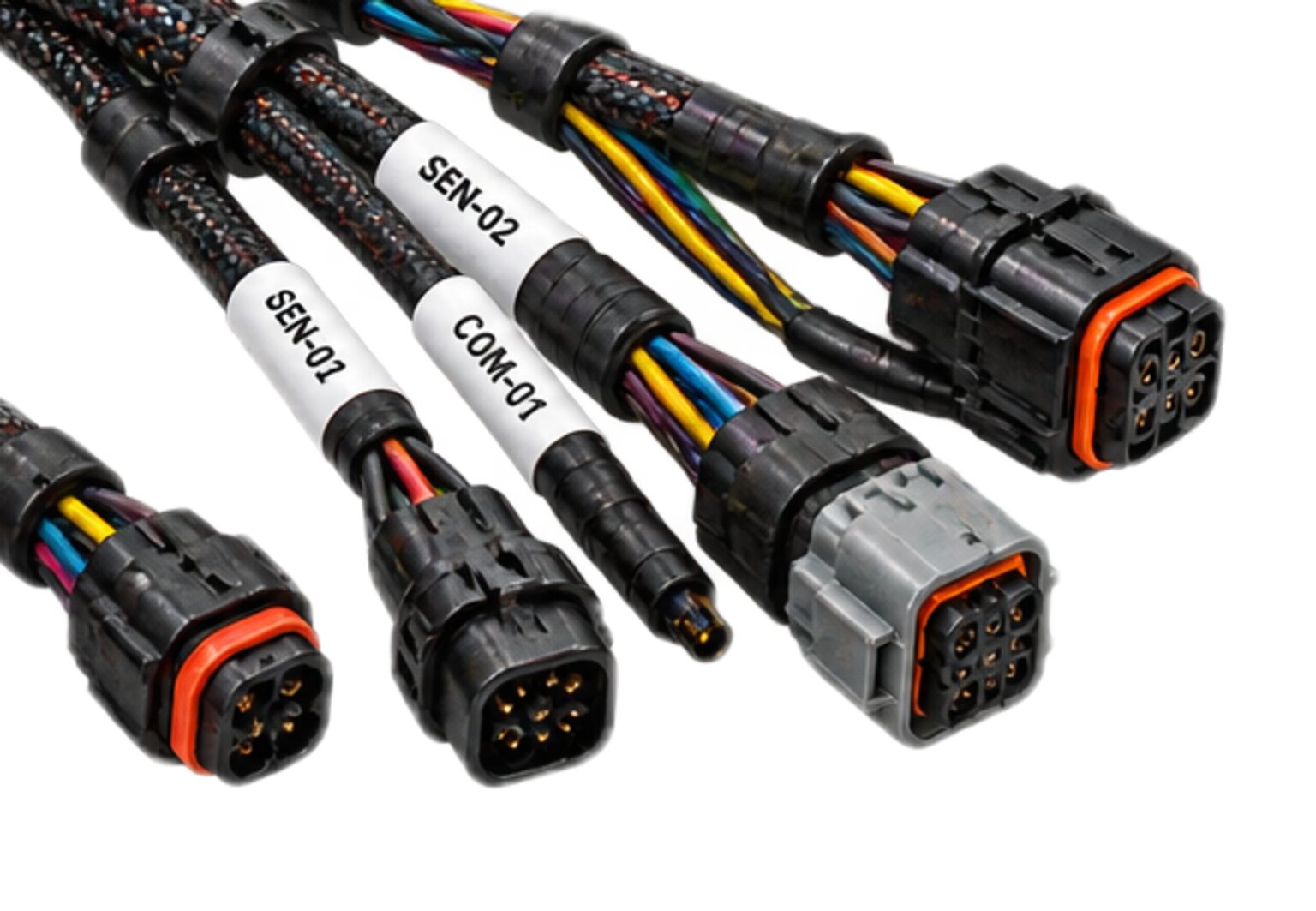 Small sealed connectors on labelled sensor and communication leads, from an illustration.