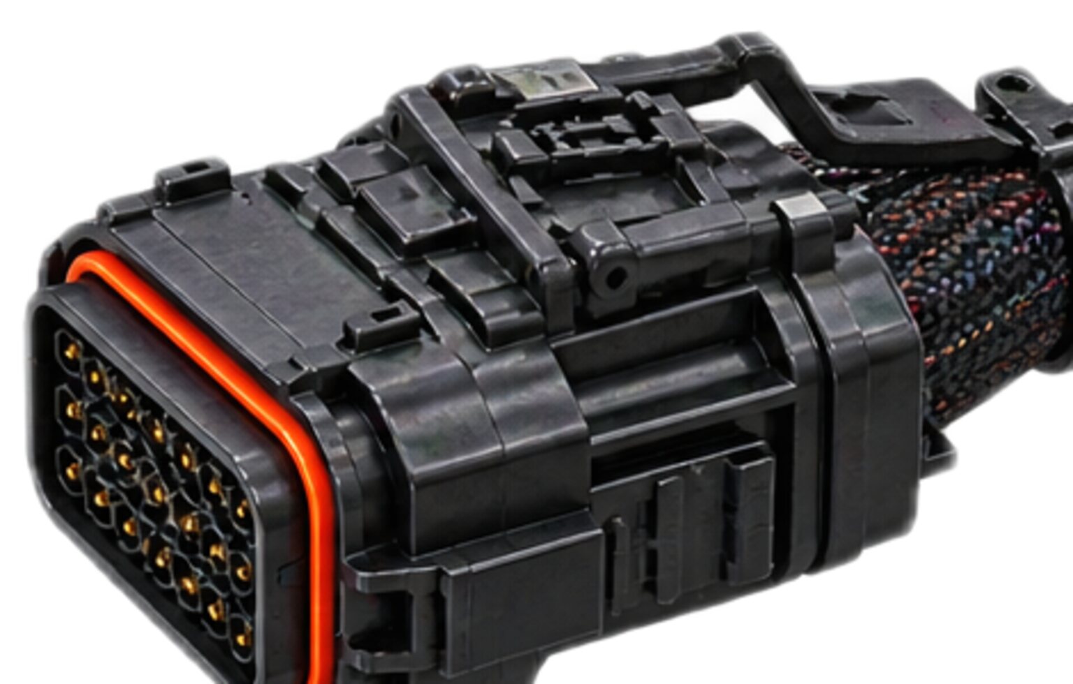 The sealed multi-pin connector at the head of a harness, its contacts visible, from an illustration.