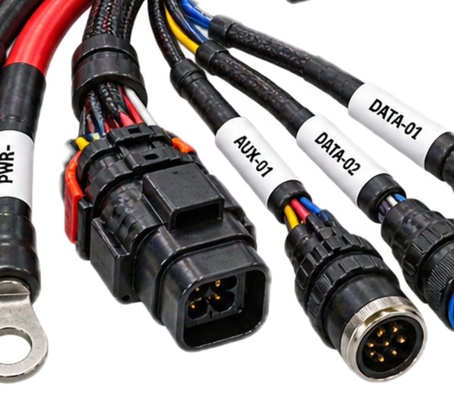 Circular sealed connectors with colour-banded shells beside a sealed rectangular one, from an illustration of a harness.