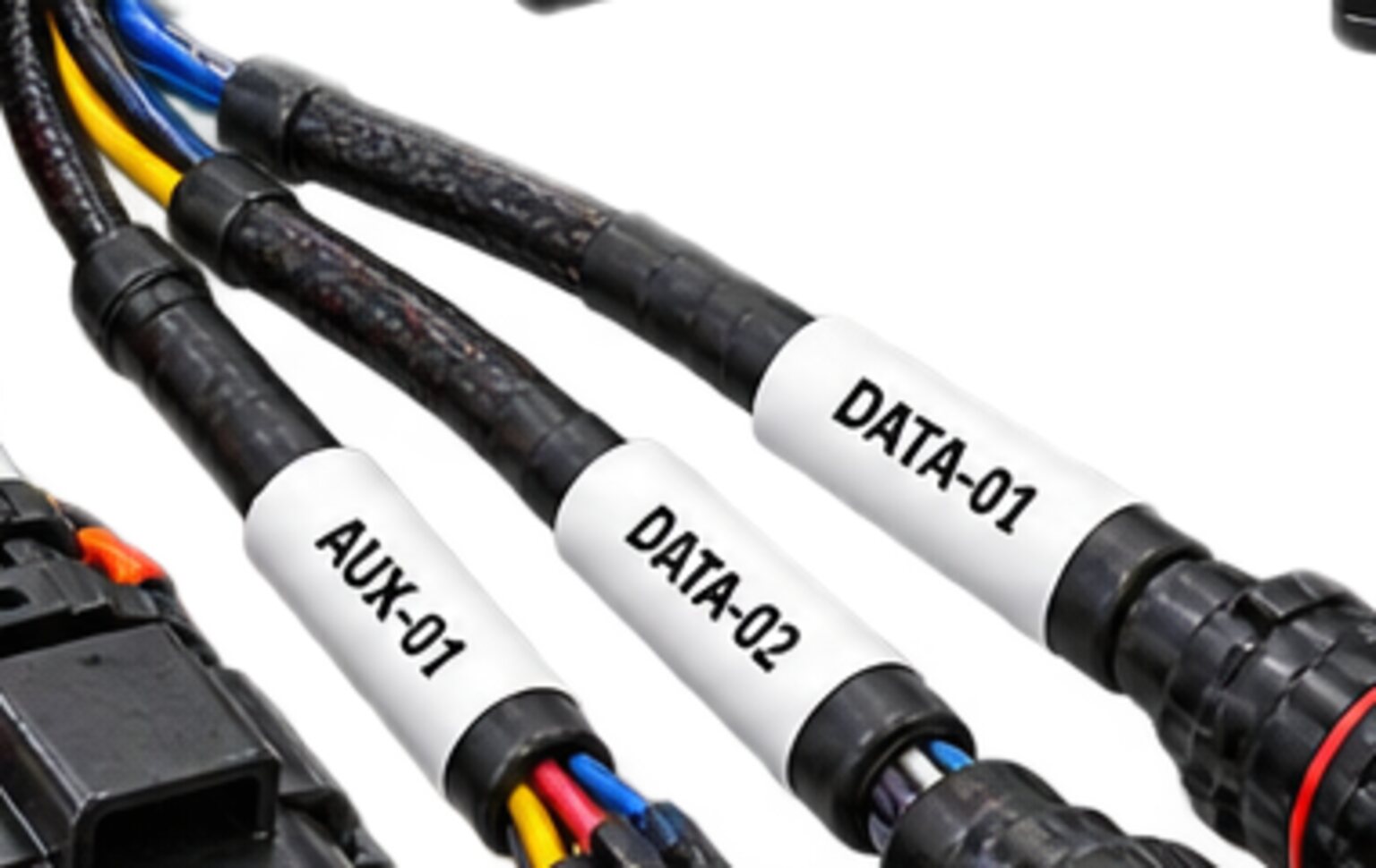 Three labelled branches of a harness, each carrying its circuit identity on a sleeve, from an illustration.