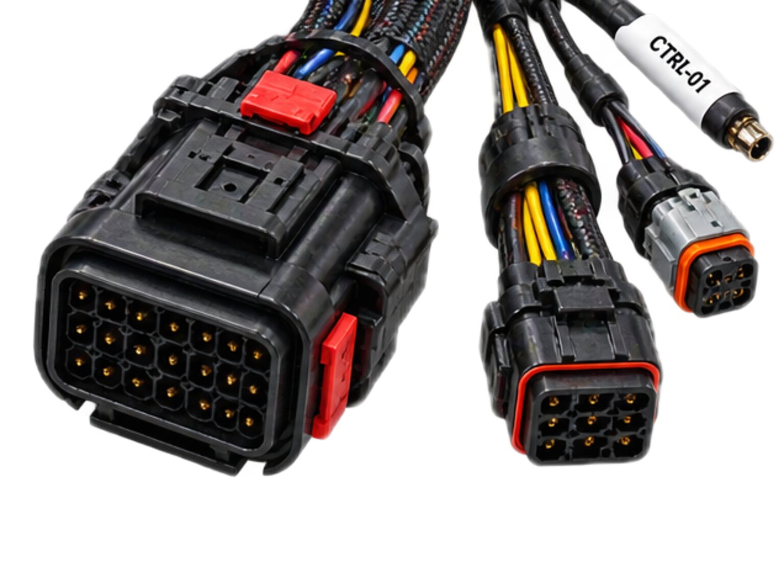A sealed rectangular connector with its contacts visible, and a control lead beside it, from an illustration.