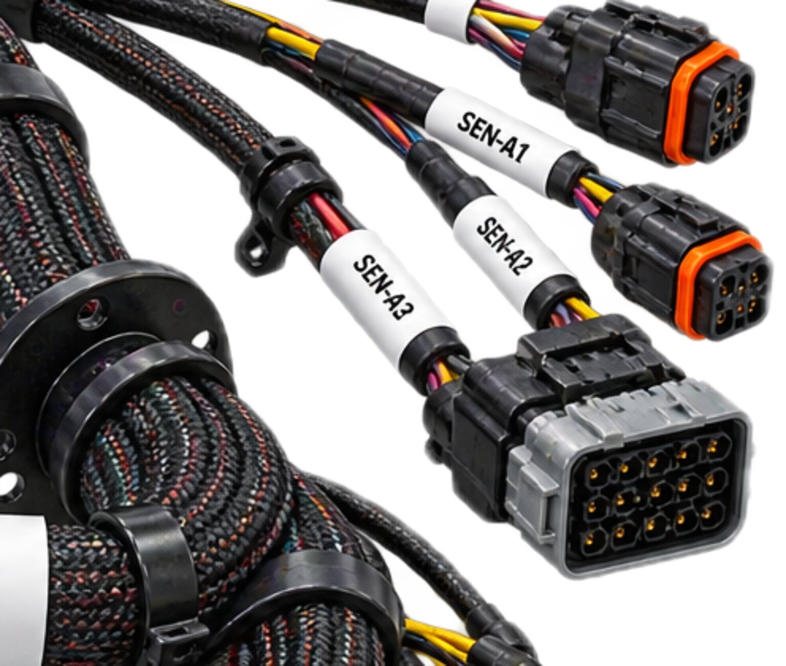 Three sensor leads, each labelled, running to a grey multi-pin connector, from an illustration.