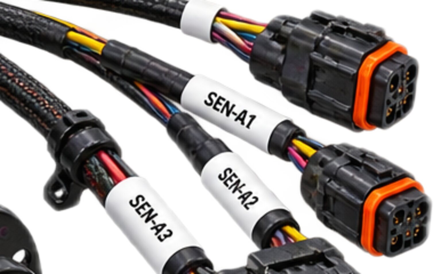 Two small sealed connectors with orange seals at the end of labelled branches, from an illustration.