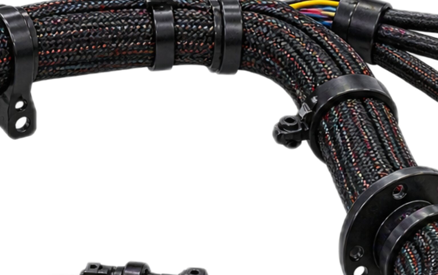 A braided harness trunk through a bulkhead clamp, tied at every crossing, from an illustration.