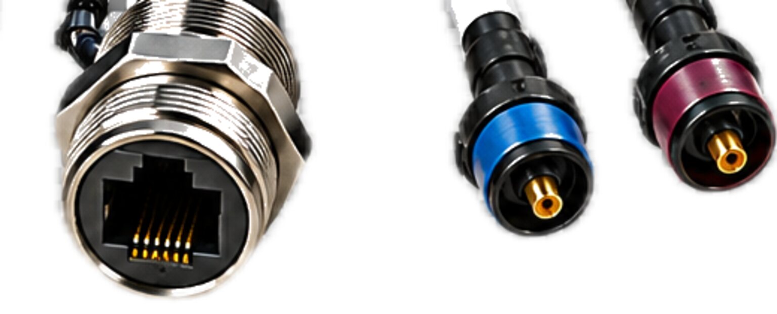 A sealed network jack and two coaxial connectors on a harness, from an illustration.