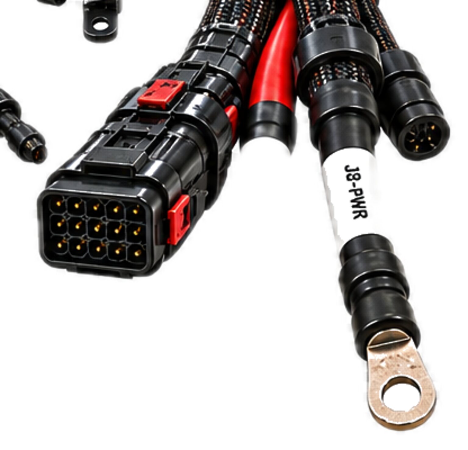A sealed rectangular connector, a power lead and a ring terminal at the end of a loom, from an illustration.