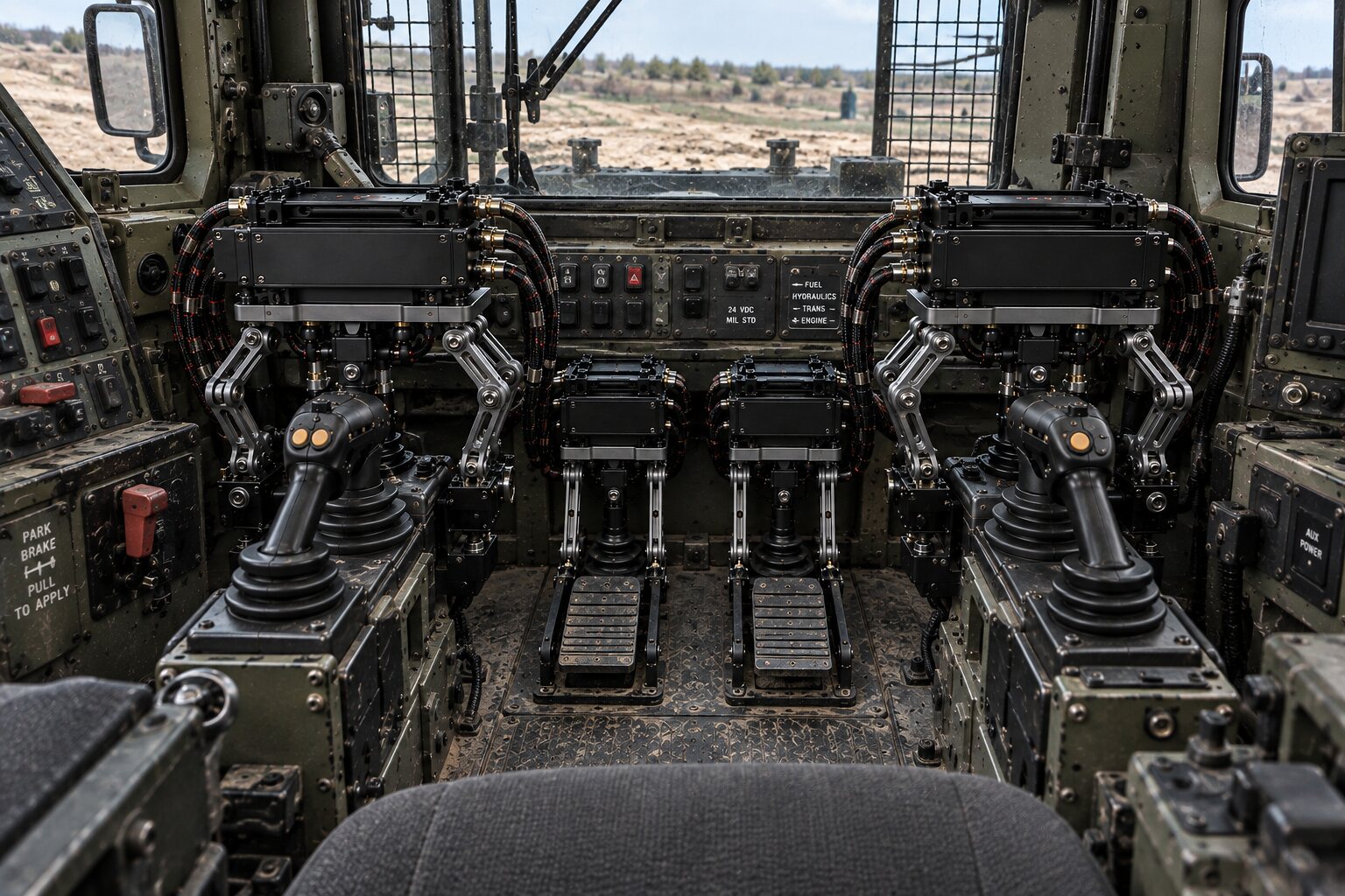 An illustration of an armoured machine cab from the seat with mesh over the windows and actuators on the pedals and joystick consoles.