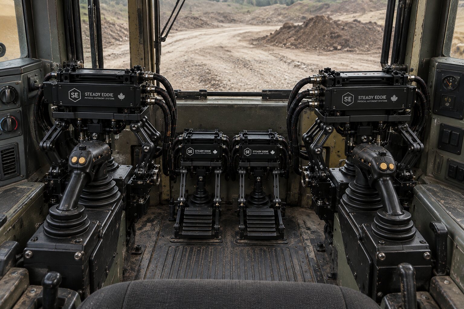 An illustration of a plant cab with sealed modules and articulated arms fitted to both joysticks and both pedals.