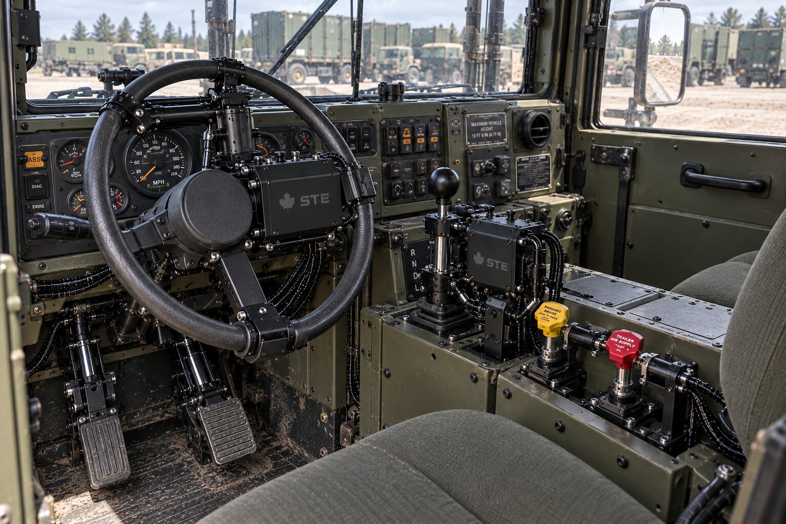 An illustration of a heavy vehicle's cab from the seat with a hub module on the wheel and sealed modules on the console, parked vehicles and spruce through the glass.
