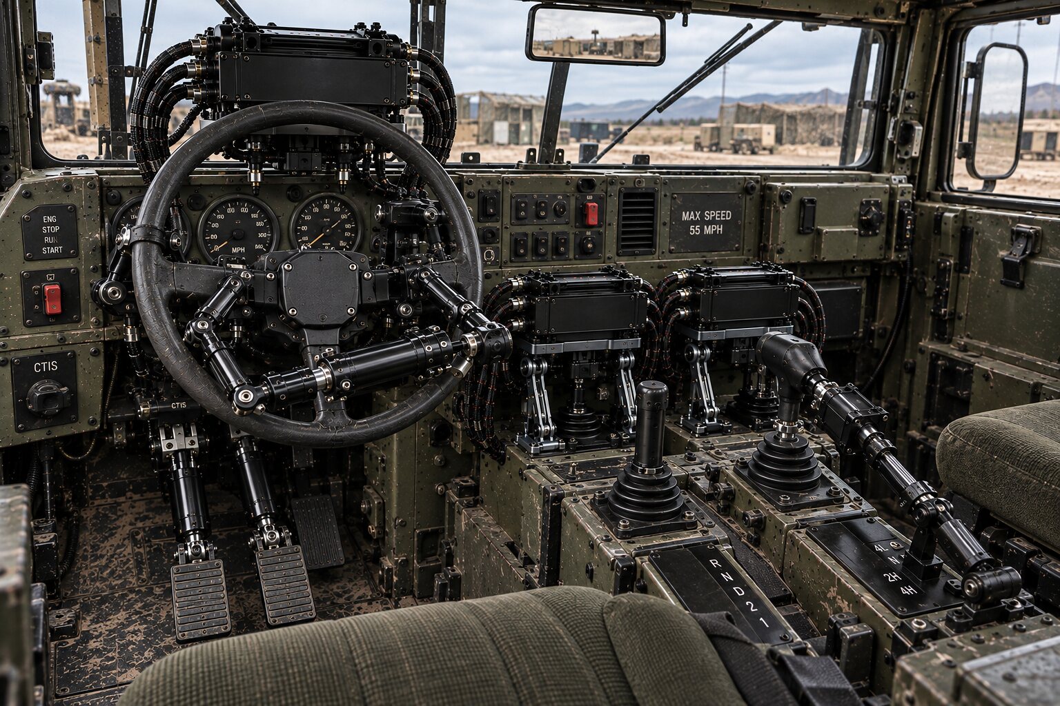 An illustration of a wheeled vehicle's cab from the seat: a hub module on the steering wheel, actuators on the pedals, the selector and the transfer lever, a vehicle yard through the glass.