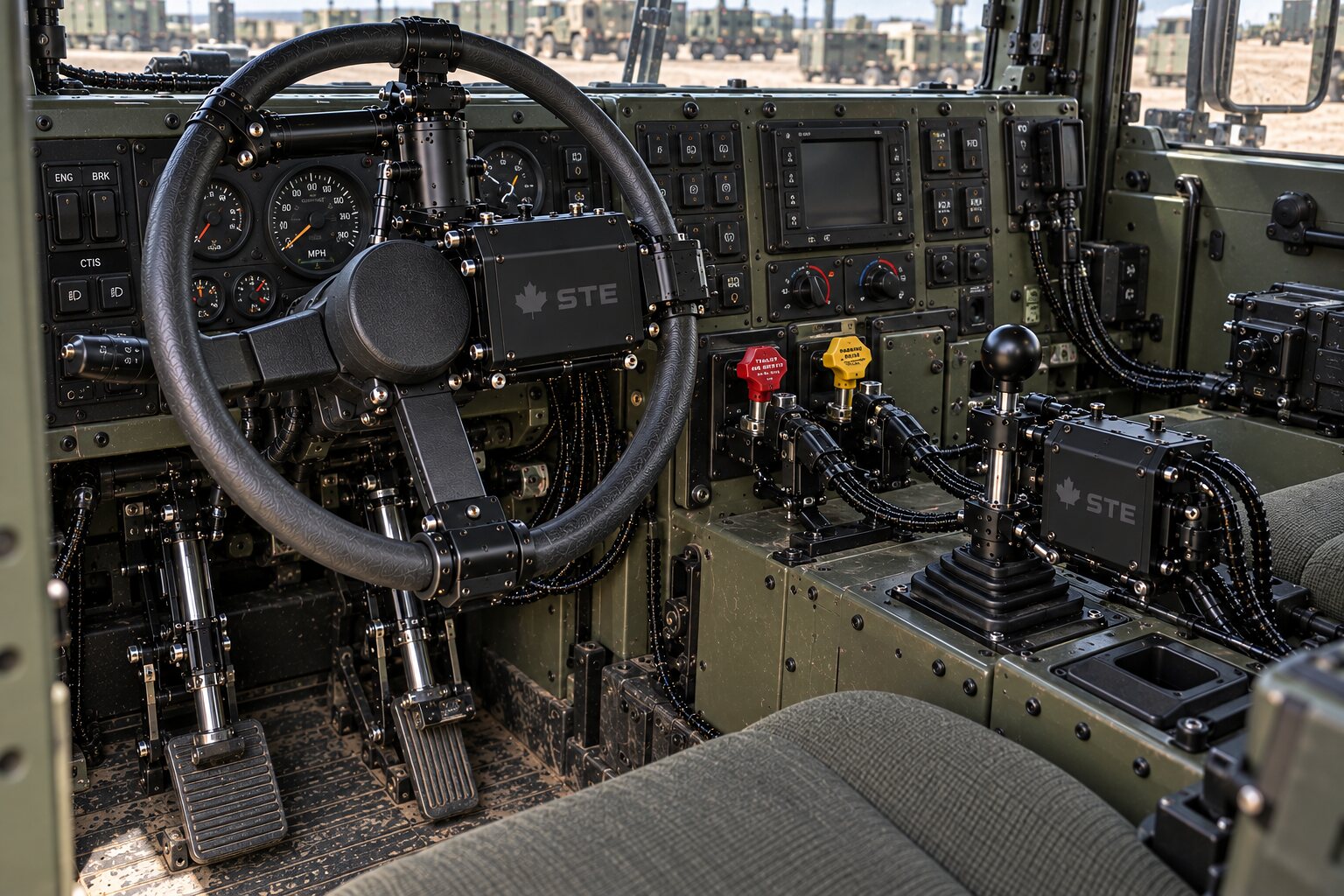 An illustration of a heavy vehicle's cab from the seat: a hub module on the wheel, sealed modules on the console, actuators on the pedals, a vehicle yard through the windscreen.