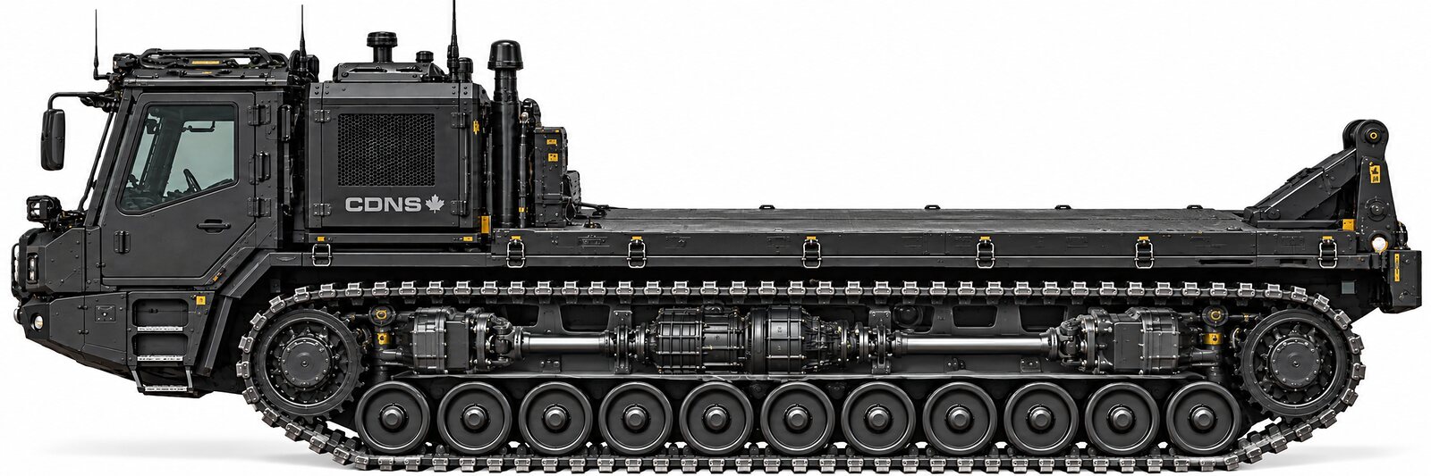 An illustration of a bare tracked chassis with the deck empty and the driveline exposed between the track frames.