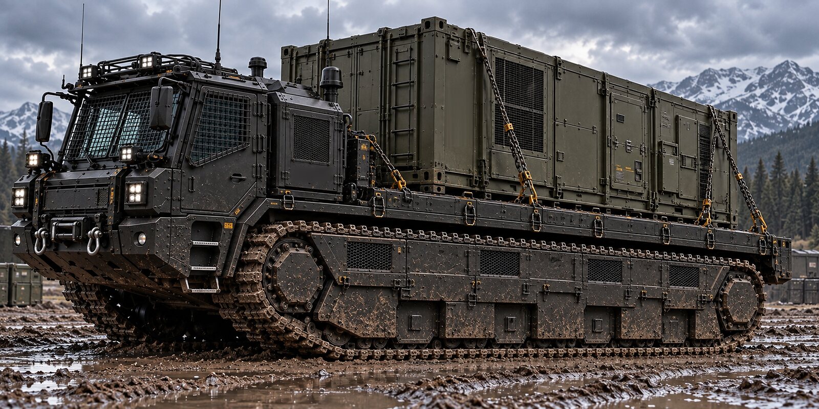 An illustration of a tracked carrier with a forward cab carrying a shipping container chained to its deck on churned muddy ground.