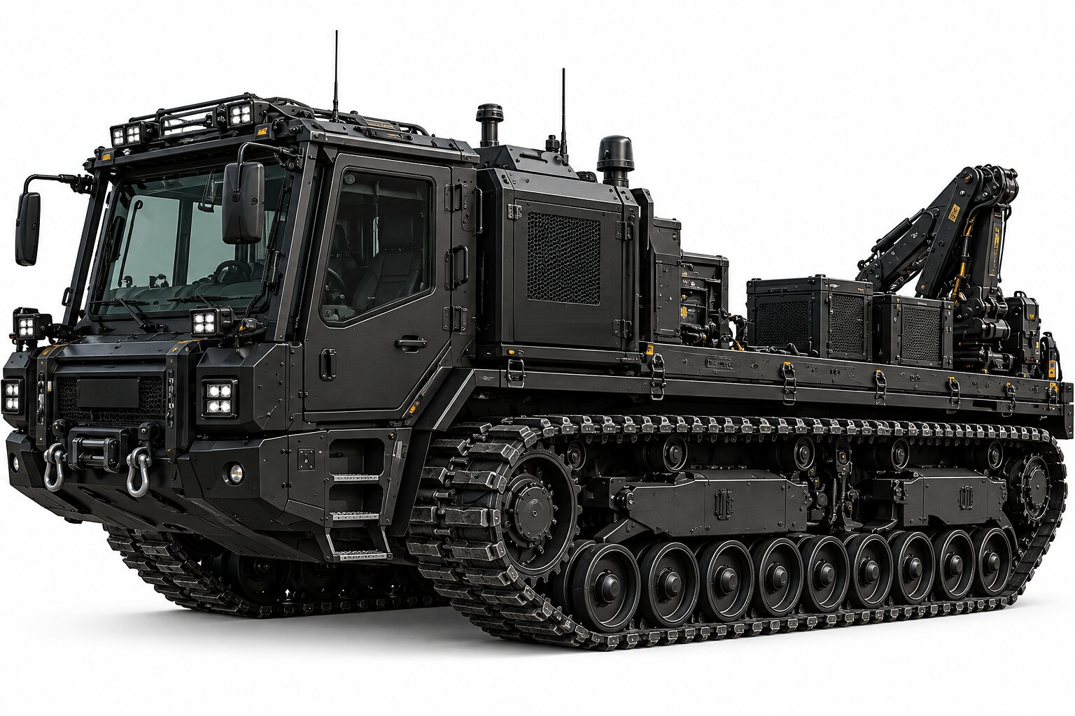 An illustration of a tracked carrier with a forward cab, a flat cargo deck and a folded crane, cut out on white.