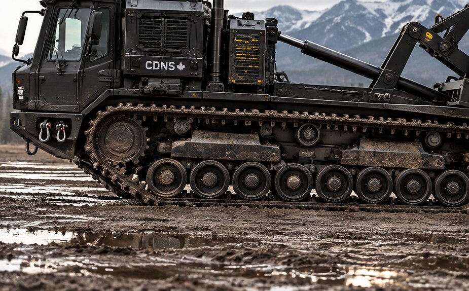 An illustration of a tracked carrier's glazed cab and power module with its running gear sunk in cut-up ground.