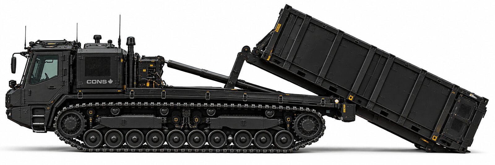 An illustration of a tracked carrier with a forward cab tipping a container body off its deck, cut out on white.