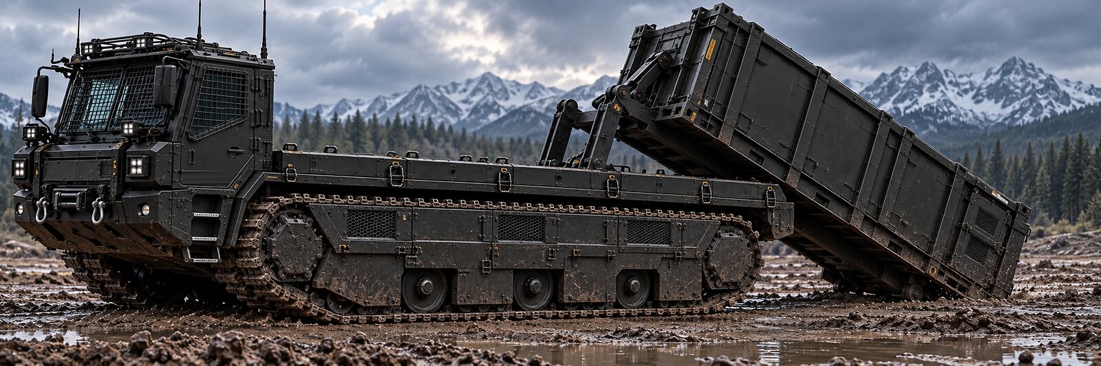 An illustration of a tracked carrier with a mesh-screened cab rolling a container off its deck in mud.