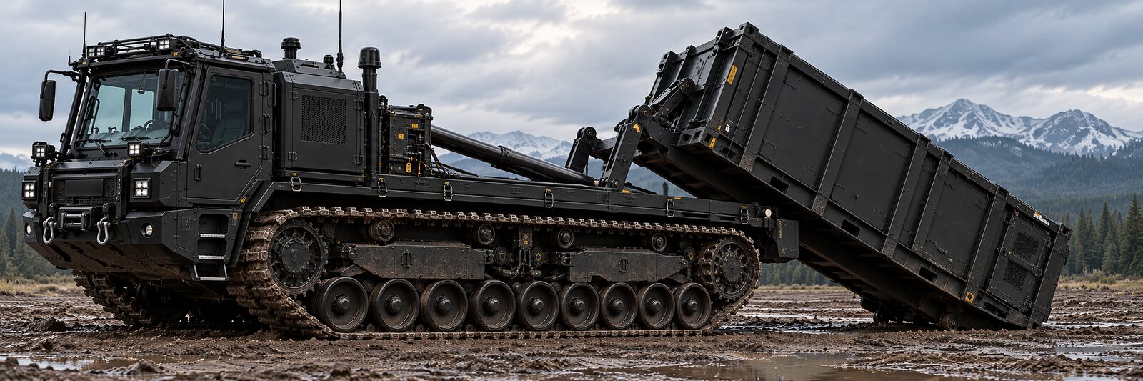 An illustration of a tracked carrier with a forward cab tipping a container body off its deck onto muddy ground below mountains.