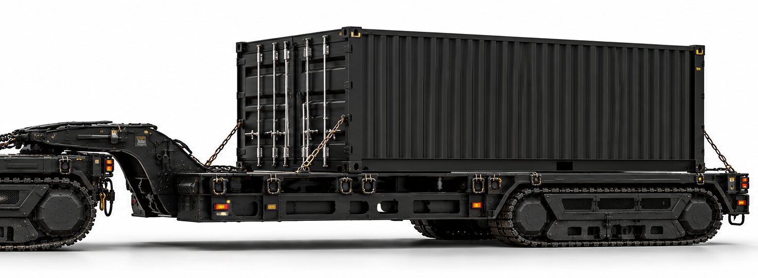 An illustration of a tracked drawbar trailer carrying a plain container, its bogie and gooseneck in view, on a white ground.