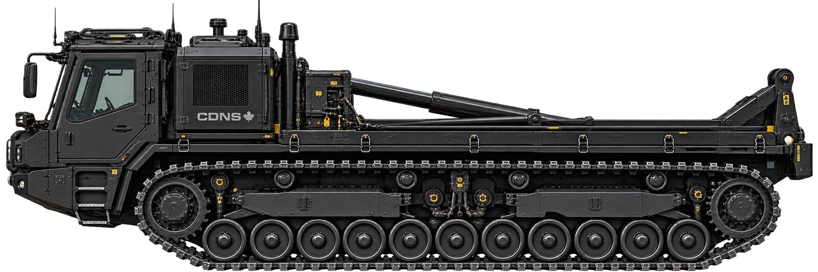 An illustration of a tracked carrier in travel position seen from the side, the full deck length, the running gear and the folded crane in one view.