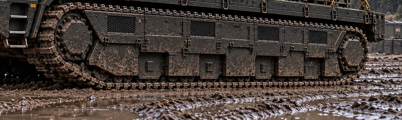 An illustration of a welded tub and one complete running-gear cartridge, track plates deep in soft ground under a chained load.