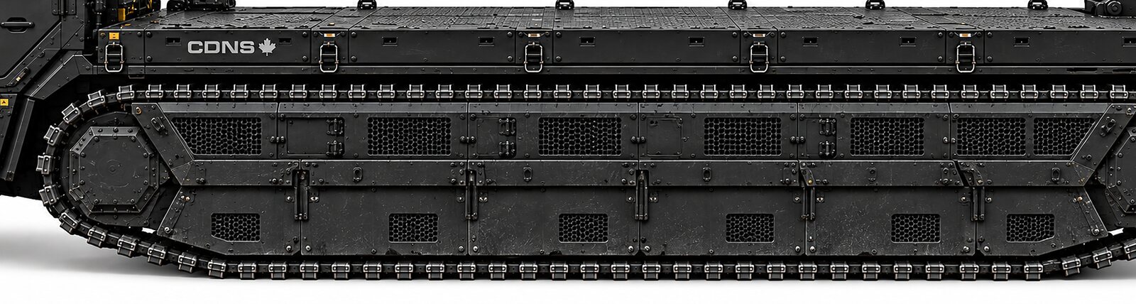 An illustration of a power pack in the tub between the track frames, mesh vents and hinged access panels along its length.
