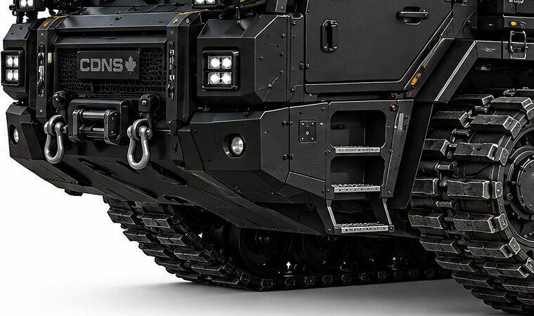 An illustration of a winch between two shackles on a front recovery plate ahead of the tracks.