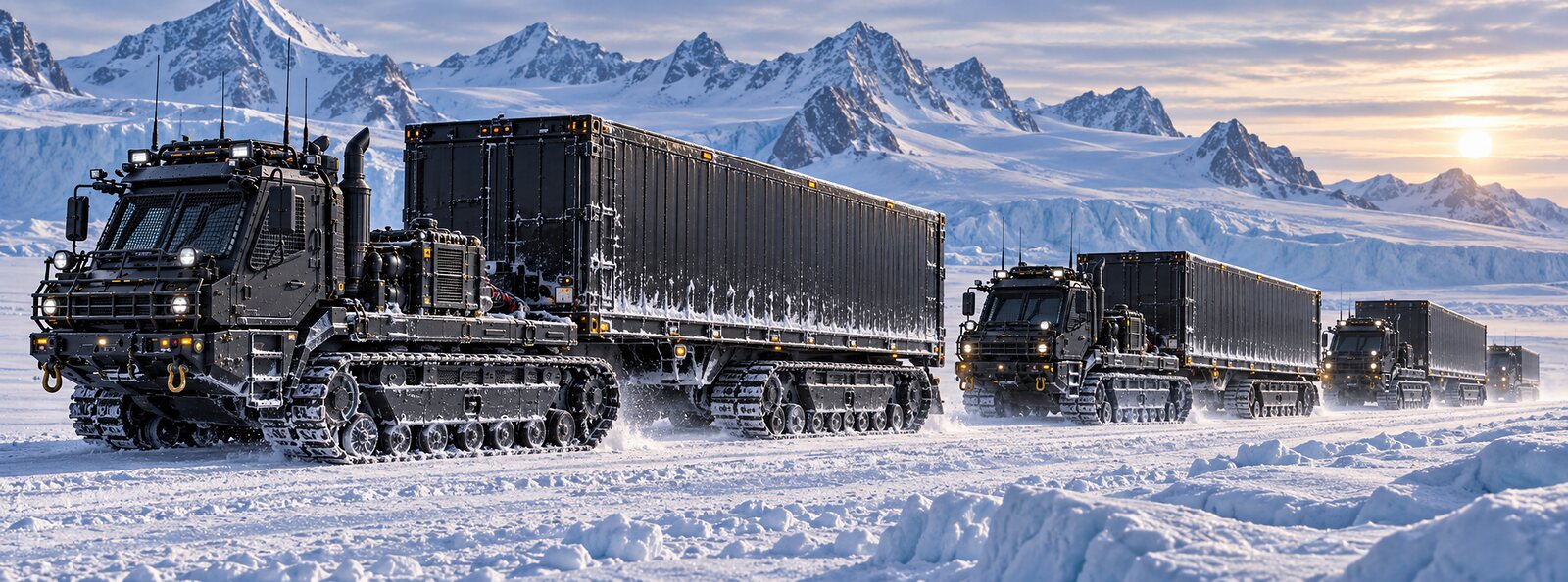 An illustration of a column of tracked tractors hauling box trailers across a snowfield at low sun.