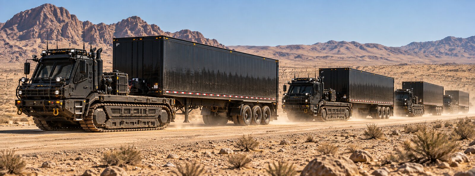 An illustration of a column of tracked tractors hauling box trailers along a dirt road through desert.