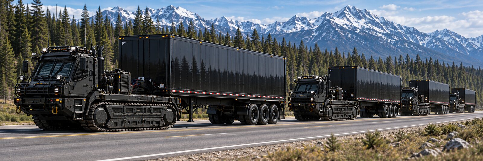 An illustration of a convoy of tracked tractors hauling box semitrailers along a mountain highway in bright sun.