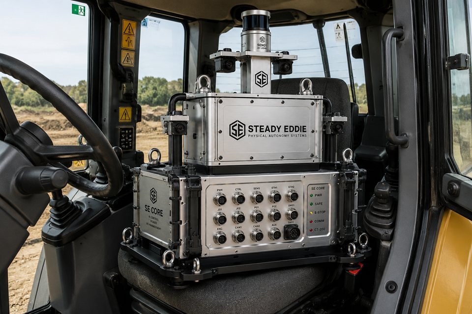 An illustration of a compute and sensing unit docked on the seat of a dozer cab, cameras and a lidar on its mast, connectors on its front face.
