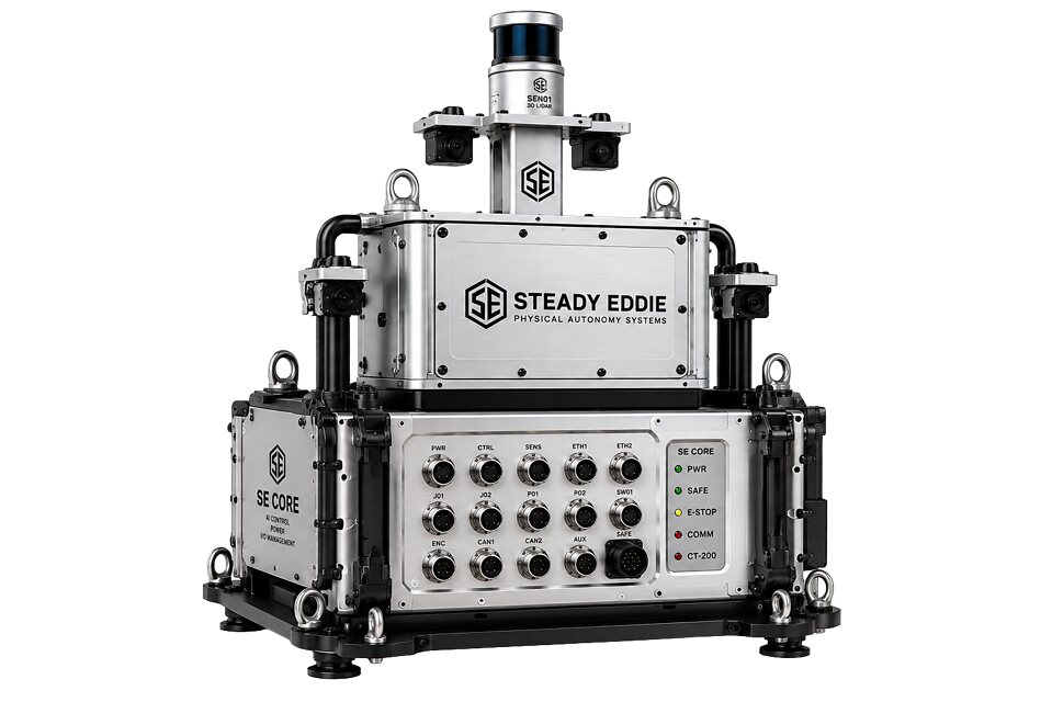 An illustration of a compute and sensing unit on white: a machined housing on a base plate, cameras and a lidar on the mast, connectors and indicators on the front face.