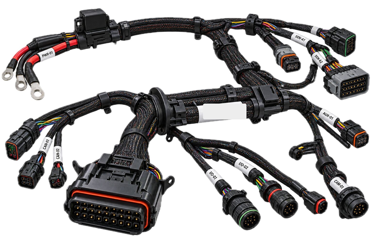 An illustration of a machine retrofit loom: a braided trunk from a sealed multi-pin connector, branching to labelled bus, input and camera leads.