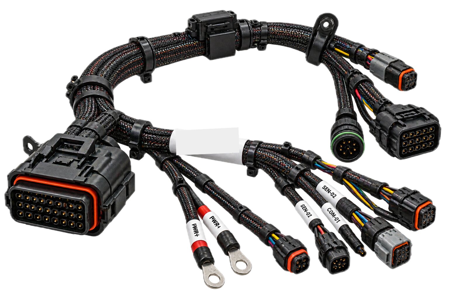 An illustration of a compact instrumentation loom: one sealed connector at the machine end, branches to sensor and communication leads, and two power leads on ring terminals.