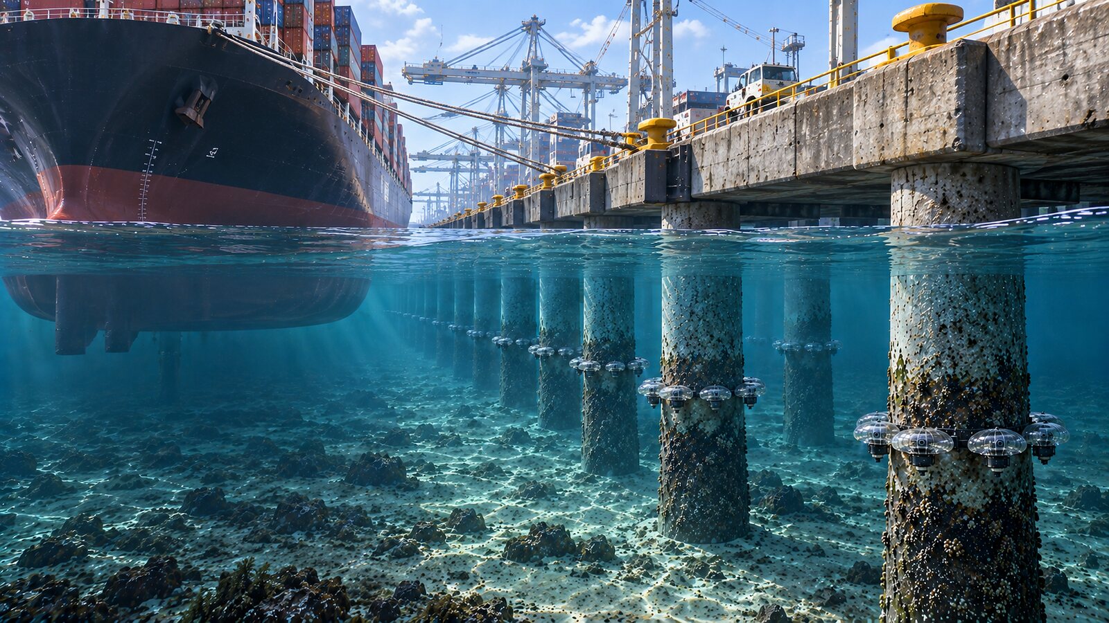 An illustration of small underwater units, each a clear domed bell over a sealed body, clustered on the pilings under a berth, a ship's hull dark above the water.