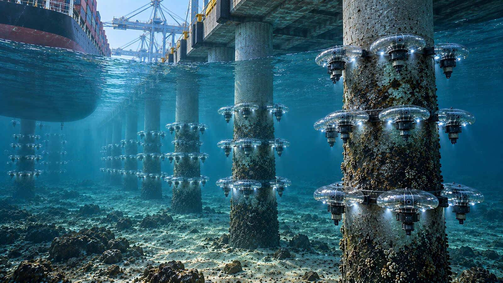 An illustration of small underwater units, each a clear domed bell over a sealed body, in tiers on the pilings of a pier, their lamps lit, the sea floor below.
