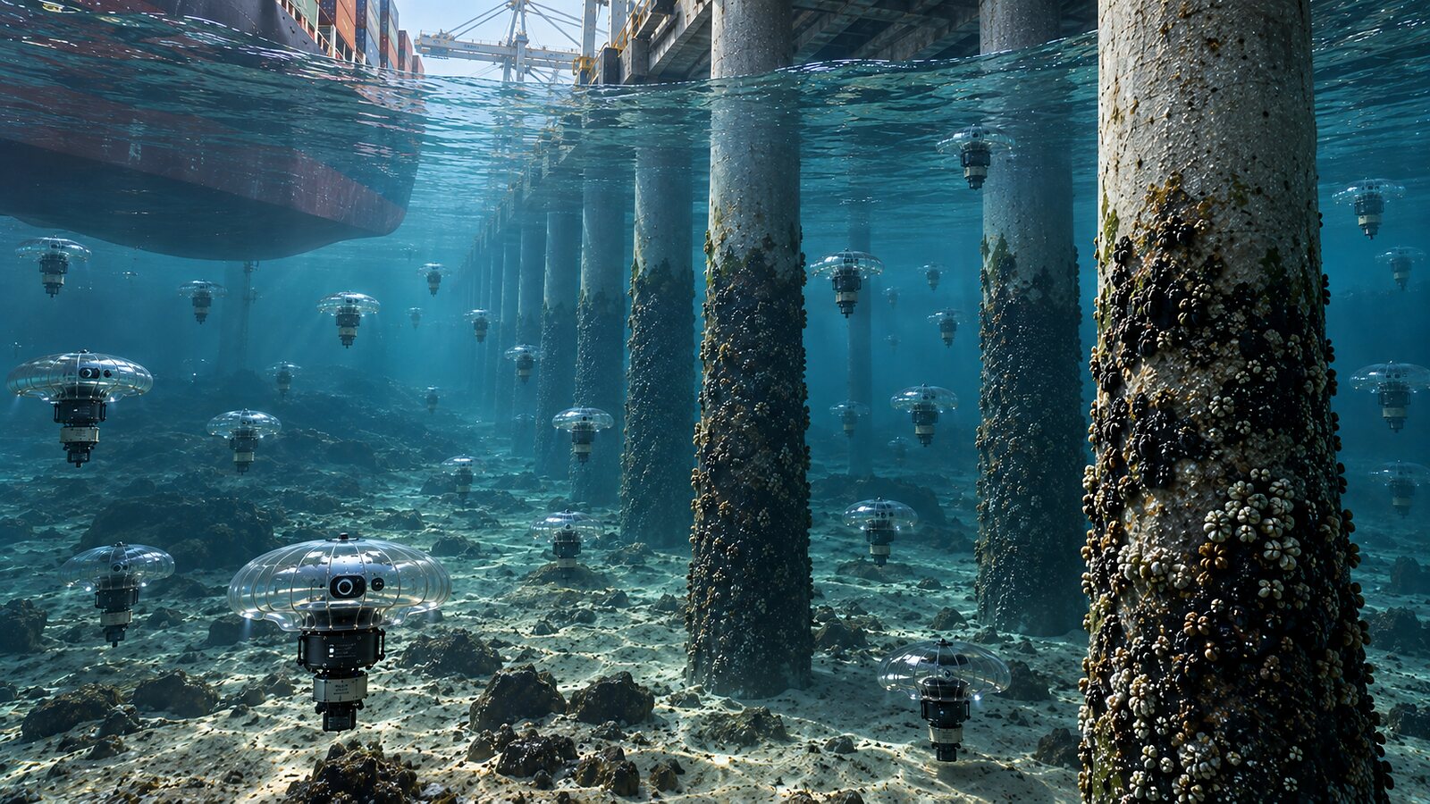 An illustration of small underwater units, each a clear domed bell over a sealed body, drifting among the barnacled pilings of a pier with a ship's hull above.