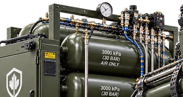An illustration of a bank of charged air receivers with a brass manifold and a mechanical gauge above a control cabinet.
