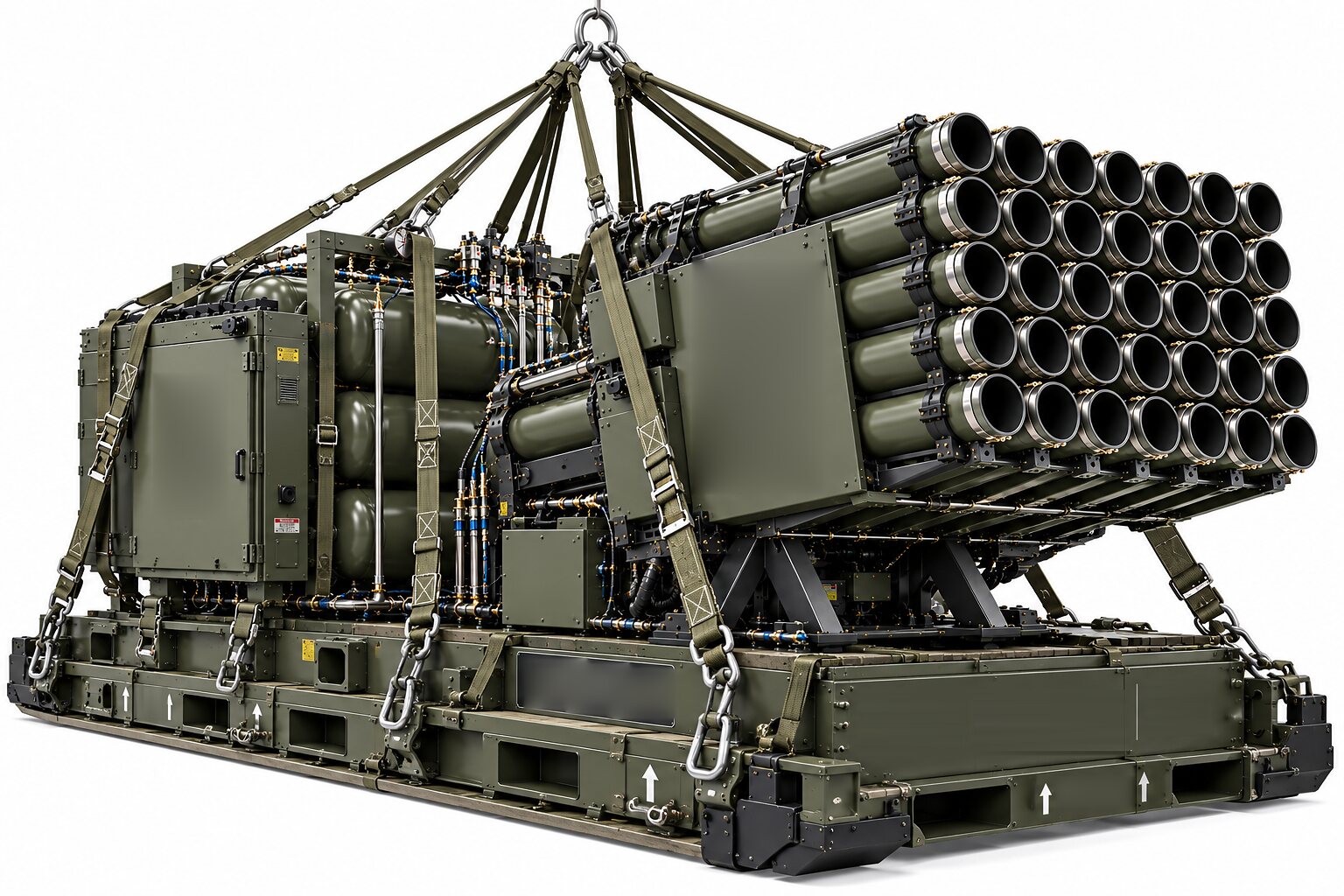 An illustration of a multi-tube launcher rigged to an airdrop platform with parachute packs, on a plain white background.