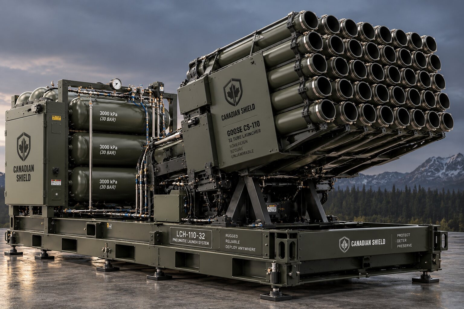 An illustration of a multi-tube launcher on a transport frame standing on a gravel flat at dusk with mountains behind.