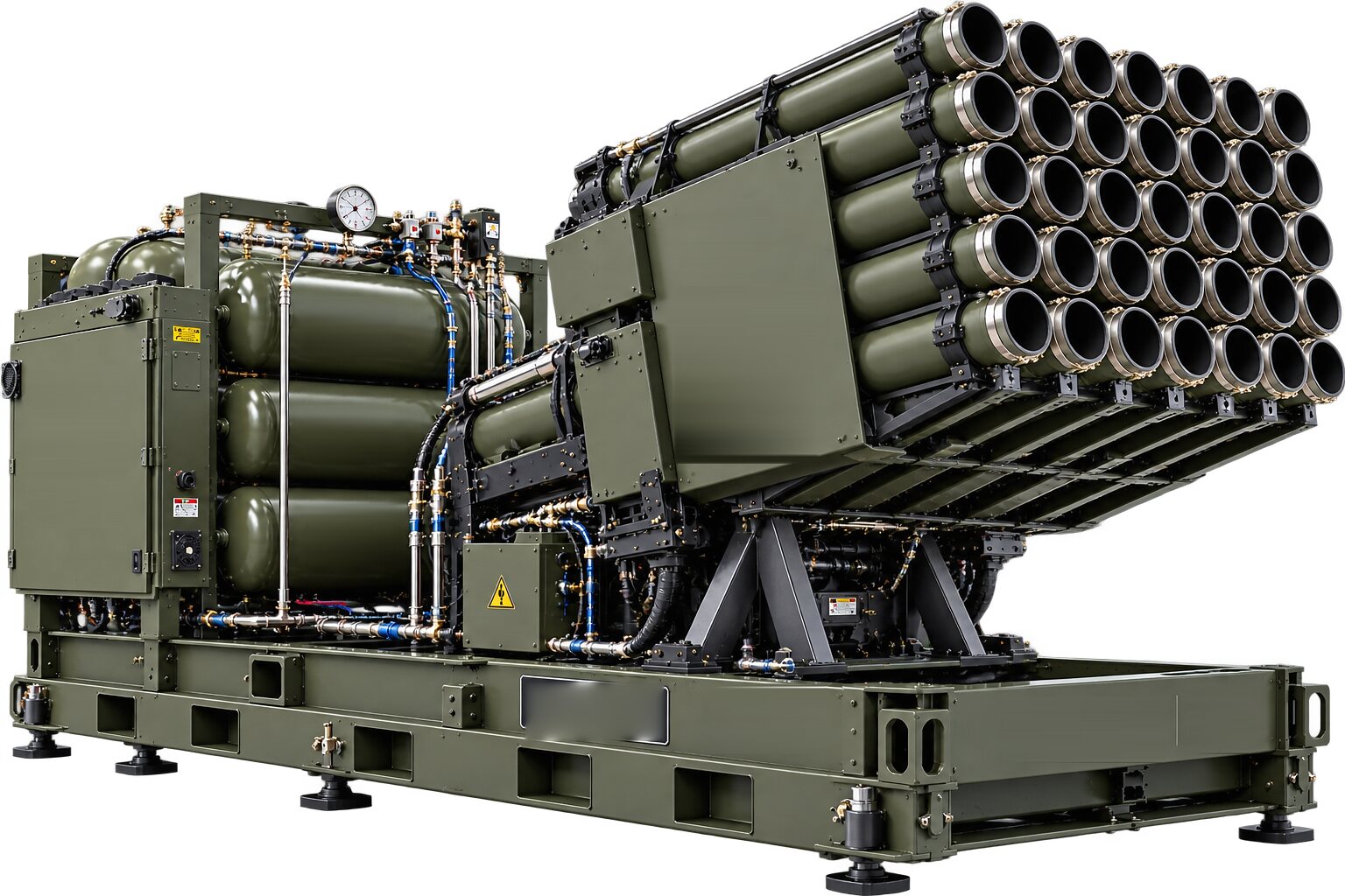 An illustration of a multi-tube launcher on a wheeled transport frame with its tubes raised, cut out on a plain background.