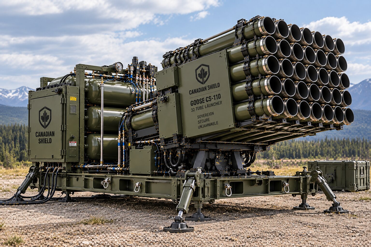 An illustration of a multi-tube launcher on a transport frame standing on open grass below a wooded hillside.